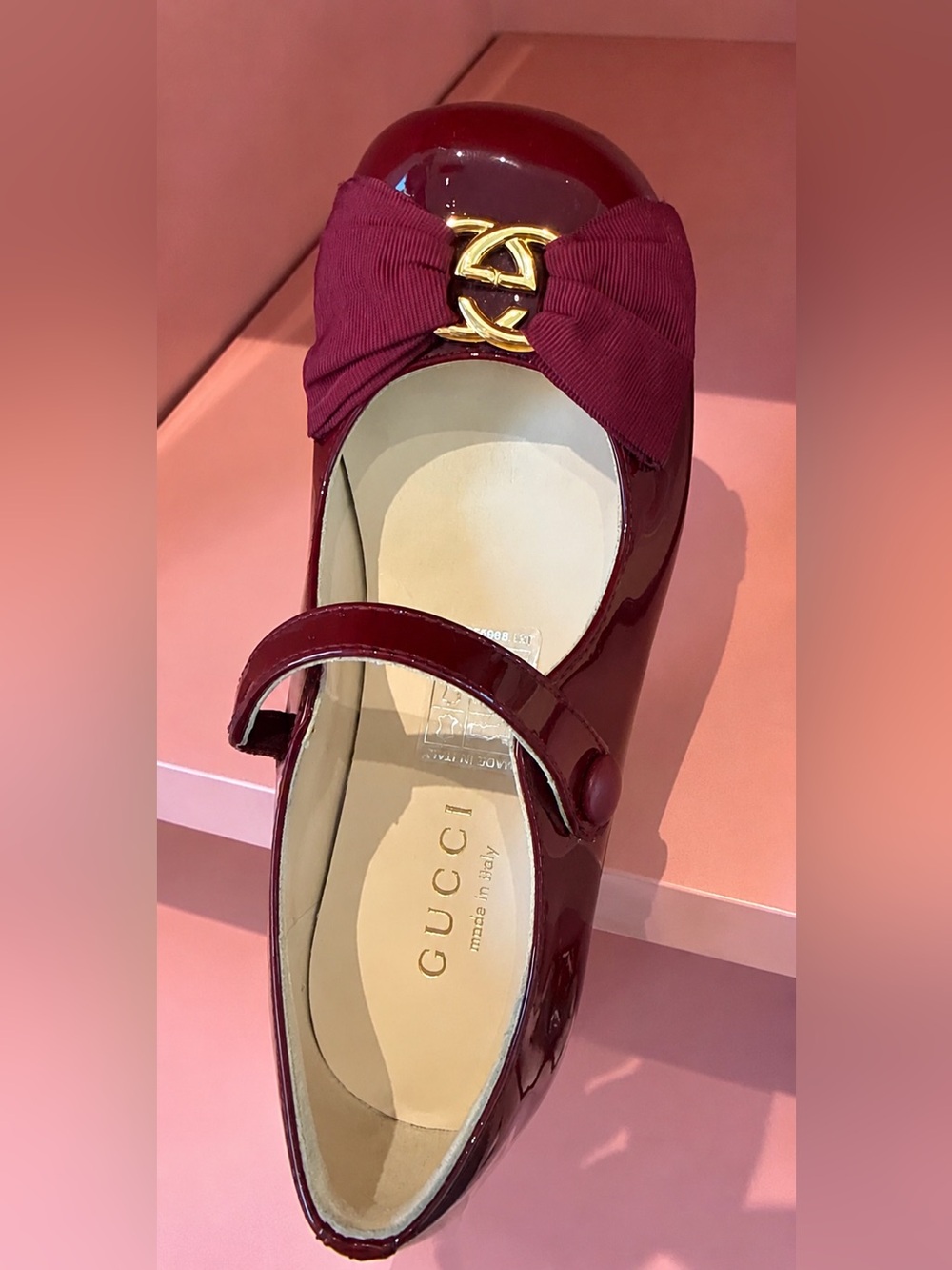 Gucci Burgundy Patent Leather Mary Jane Flats with Bow and Gold Logo